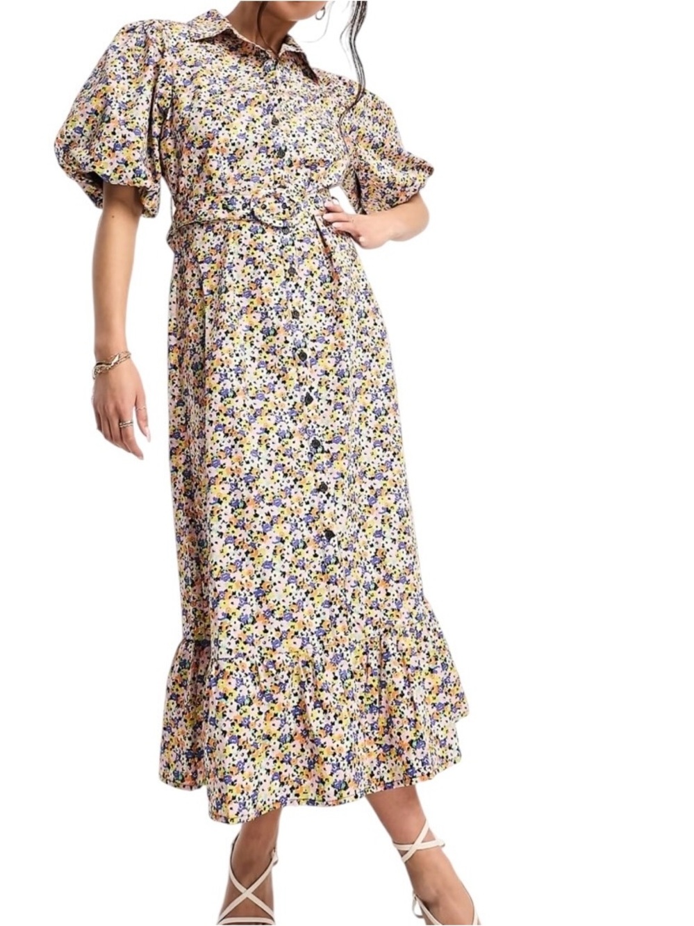 Nobody’s Child Midi Dress Size 8 Ditsy Floral Puff Sleeve Belted Party Brunch